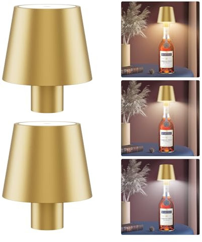 Howskys 2 Stück LED Kabellose Flaschenlampe, 3 Farbtemperaturen Dimmbare Flaschenlampe, 5500mAh Wiederaufladbare Akku Flaschenlicht mit USB-C, Aluminium, IP54 Wasserdicht, Gold