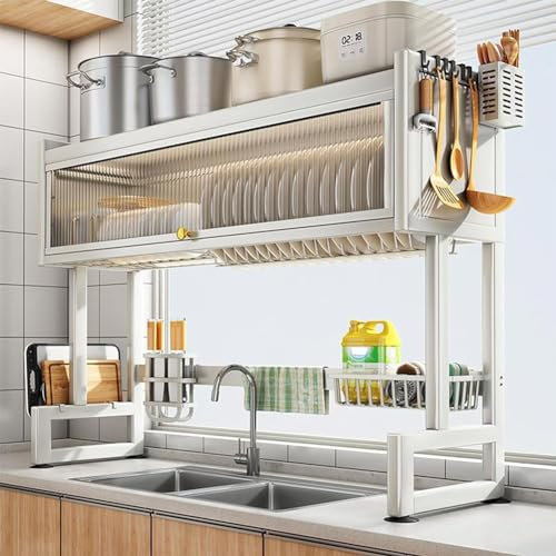 Escurridor de platos de acero al carbono de 2 niveles con puerta abatible, ahorro de espacio, escurridor de encimera de cocina (blanco, 85 cm)
