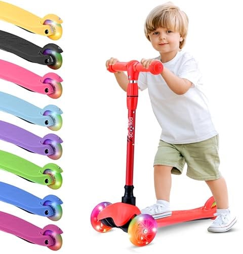 Hurtle Mini Kickboard Scooter für Kinder - Höhenverstellbar 63,5 cm - 71,1 cm, Leichter 3-Rad Roller mit LED Leuchträdern, rutschfest, für Kinder von 2-5 Jahren (Rot)