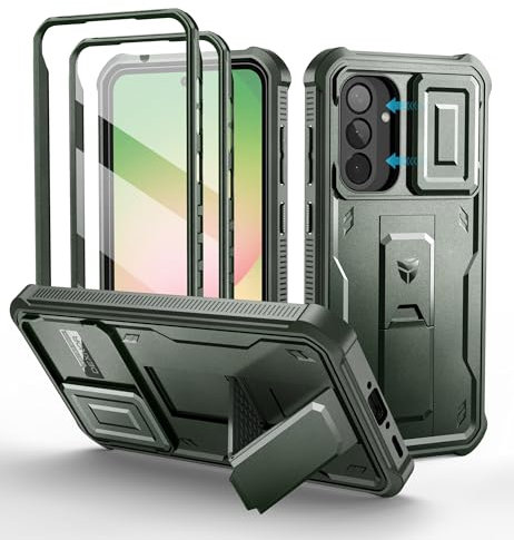 Dexnor pour Coque Samsung Galaxy A56【Double Cadre Avant et Support】 avec CaméRa Coulissante Intégrée & Protecteur d'écran, Coque de Protection Robuste Résistante Aux Chocs - Vert Militaire