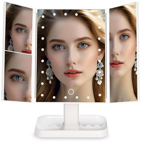 Zhufas Dreifach Faltbarer Kosmetikspiegel mit LED-Beleuchtung, Touch-Funktion, 1X/2X/3X Vergrößerung – ideal für Make-up und Pflege