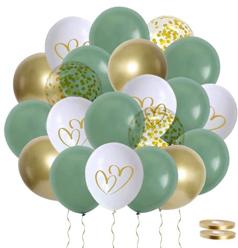 60 Stück Hochzeit Luftballon Grün Metallic Gold Weiß Ballons Deko Wedding Ballons Hochzeitsballons Helium Geeignet 30cm