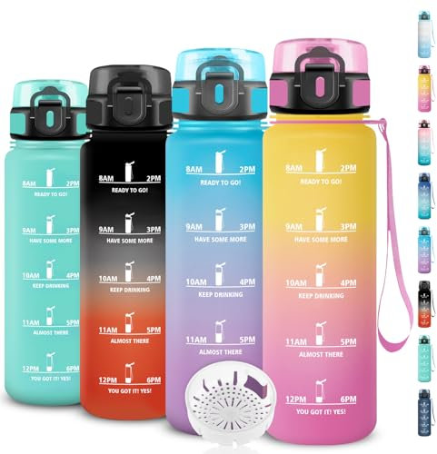 Botella de Agua 1 Litro, Botella Agua Gimnasio con Filtro, Cantimplora Infantil Motivacional, Fácil de Limpiar, Cantimplora con Marca de Tiempo, para la Escuela, Oficina, Camping, Bicicleta, Deportes