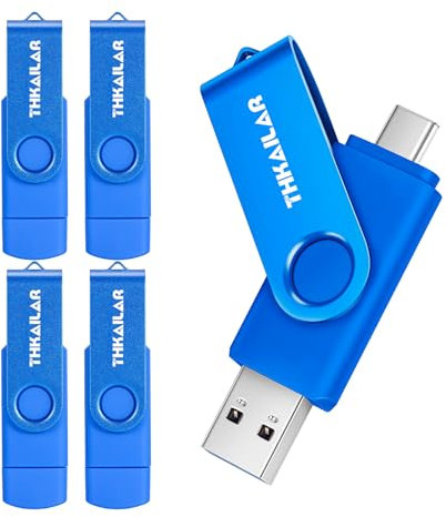 THKAILAR USB C Memory Stick 64GB 5Pack USB 3.1 Type-C Flash Drive OTG Thumb Pen Drive Dual 2 in 1 USB Flash Drive for iPhone 15, Android Phone, TV, PC,Tablet(Blue)