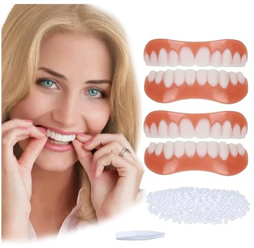 Facette Dentaire Cosmétique 2 Paires, Sûr et Confortable Immédiat Sourire Dents de Placage Haut et Bas avec Perles Adhésives Thermiques Pour Restauration Temporaire de Défauts Dentaires