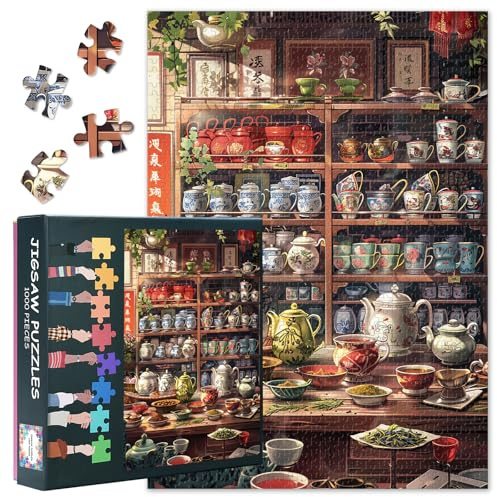 Teeladen Puzzle 1000 Teile Erwachsene, Farbenfrohes Keramik Teekanne Kunst | Geburtstagsgeschenk für Rätselfreunde, Herausfordernde Puzzle Spiele, Wanddekoration für zu Hause, 70 x 50 cm