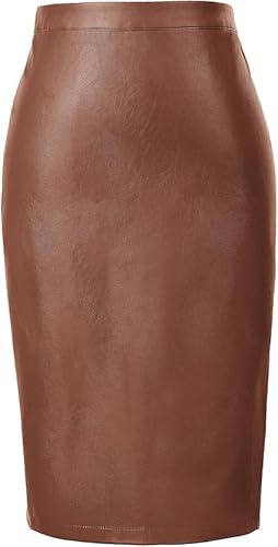 Belle Poque Damen Bleistiftrock Hohe Taille Midirock Knielang Lederrock Wickelrock Lässiger Büro Arbeit Braun L