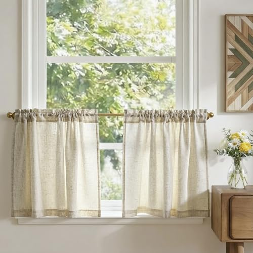 TOPICK Scheibengardinen Bistrogardine 2er Set Küchengardinen H60xB90 Beige | Blickdicht Scheibengardinen modern Leinenoptik Lichtdurchlässig Gardine für Küchenfenster kurz Vorhänge Küche Landhausstil