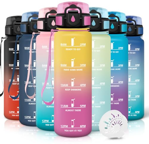Motswedi Trinkflasche Sport, 1000ml Auslaufsicher, Trinkflasche Kohlensäure Geeignet, Mit Zeitstempel, Wasserflasche, Leichte, Flasche, Sportflasche, für Yoga, Fahrrad, Reisen, Gelb&Rosa