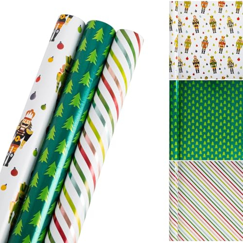 3Rolls x 3M Christmas Wrapping Paper for Xmas Gift Wrap, 43cm x 3m Green and Nutcracker Gift Wrapping Paper, Recyclable Xmas Wrapper for Christmas Santa Claus Ornament Party New Year Festive Holiday