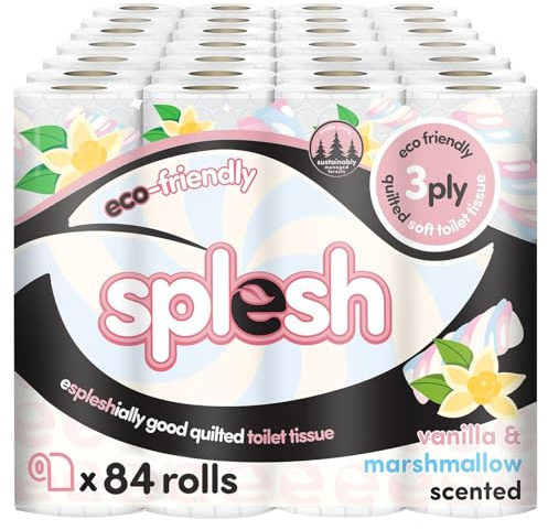 Splesh by Cusheen Toilet Roll 84 Rolls - Vanilla & Marshmallow Scent Bulk Family Pack | Soft 3 Ply Luxury Bathroom Tissue Loo Rolls | Eco-Friendly, Sustainable Toilet Paper