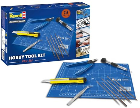 Revell Hobby Tool Kit Pro – mit essentiellen Modell- und Hobbywerkzeugen – Seitenschneider, Präzisionsmesser, Pinzette, 6 Nadelfeilen, Handbohrer, 3 Bohrer und Schneidematte 30 x 32 cm