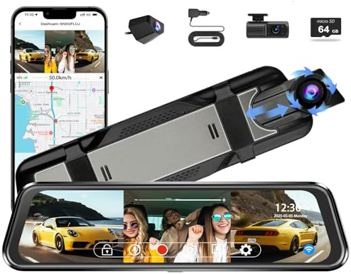 3 Channel Mirror Dash Camera for Cars, 10 Triple Rear View Mirror with Front 4K/3K, Inside and Rear 1080P with WiFi, G-Sensor, Night Vision, Reverse Assist, Parking Monitoring