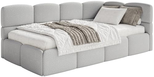 Selsey Jugendbett 120x200cm Hellgrau Bouclé Stoff mit Stauraum und Lattenrost, gepolstertes Polsterbett mit Bettkasten, Jugendbett rechtsseitig mit Eckkopfteil, Bett 120x200 für Kinderzimmer