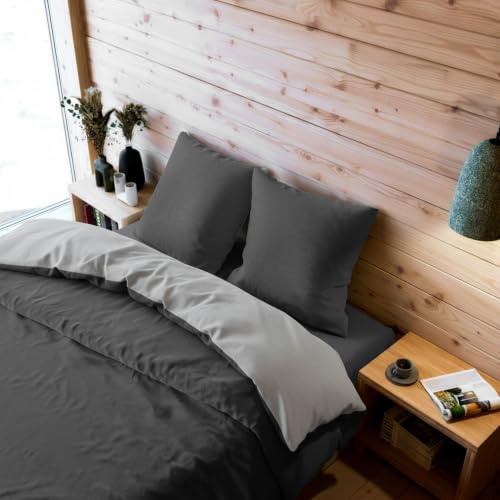 Wolkenfeld Bettwäsche 200x200 + 2X 80x80 cm Flanell – 3-teilige Winter Bettwäsche Baumwolle – Flanell bettwäsche – warm und atmungsaktiv – Oeko-TEX Zertifiziert, Made in Germany, Hellgrau-Dunkelgrau