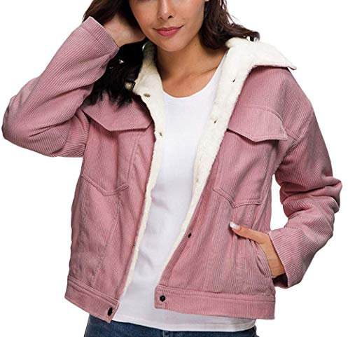Minetom Femme Hiver Chaud Manteau Court en Velours Côtelé Manches Longues Épaissir Doublé Peluche Parka Blouson Rembourrée Veste A Rose Foncé L