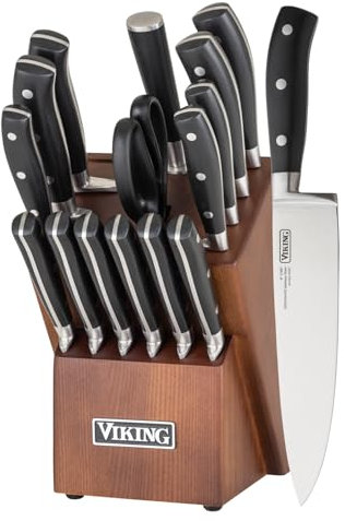 Viking Culinary Besteckset mit hellem Walnuss-Farbblock, 17-teilig, hochwertige deutsche Stahlklingen, ergonomisches Design, alle wichtigen Messerarten, spülmaschinenfest