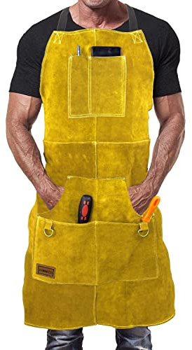 DIMWELD Mandil de Soldador Premium de Cuero Protector para Hombre. Delantal de Herrero Termico Ignifugo para Soldadura en Taller con 6 Bolsillos para Herramientas (Amarillo)