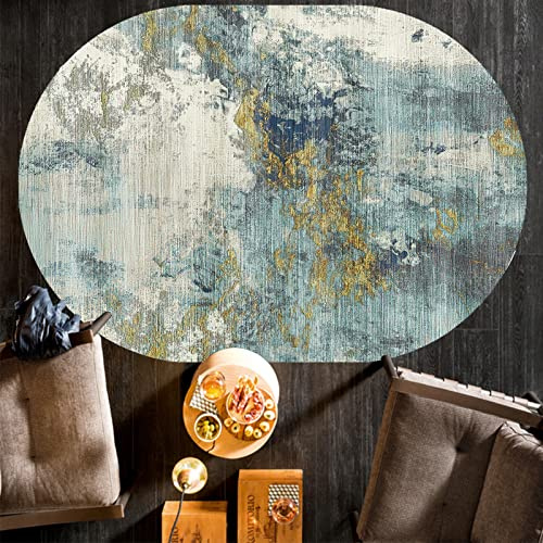 Rururug Teppich Oval 200 x 300 cm Home Office Esszimmer Wohnzimmer Schlafzimmer Küche Konferenzraum Kurzflor Teppiche, meerblau mit goldrand, Oval 200 x 300 cm