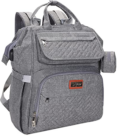 Flex Changing Bag Backpack, Large Nappy Back Pack Multifunction Baby Bags with Portable Changing Mat, Pacifier Holder, and Stroller Straps, for Mom and Dad Grey