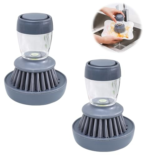 2 Piezas Cepillo con Dispensador de Jabón,Cepillos de Cocina con Soporte,Cepillo Circular Pequeño,Cepillo para Lavar Platos,Cepillo Palma Dispensador Jabón,para Fregar Platos,Sartenes y Ollas (Gris)