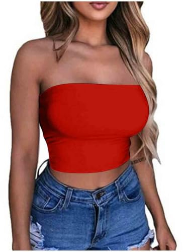 KOG Amazon Warehouse Deal Bandeau Top Damen Crop Tops Sexy Tube Top Frauen Sommer Schulterfreies Oberteil Off Shoulder Bauchfreie Trägerloser Slim Fit Oberteile Gutschein Amazon Rot S