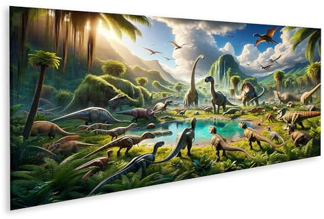 islandburner Prime Bild auf Leinwand Verschiedene Dinosaurier versammeln Sich am Wasserloch im Morgengrauen Bilder Wandbilder Poster
