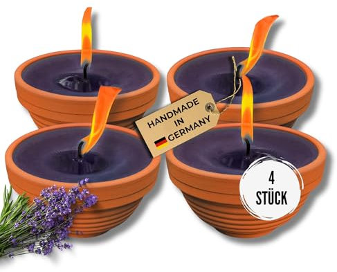 Lavalis Lot de 4 bougies parfumées à la lavande dans un bol en terre cuite, alternative à la bougie à la citronnelle, remplies à la main, en cire recyclée, durée de combustion de 15 h, hauteur de