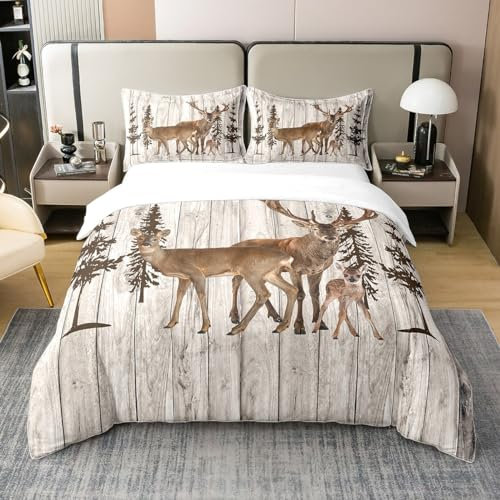 Loussiesd Hirsch Bettwäsche Set 135x200cm 100% Baumwolle Weicher Rustikal Western Hirsch Geweih Bettbezug Set Wildtiere Dekorative Bettwäsche-Set für Jungen Mädchen Kinder Erwachsene