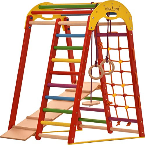 Kletterdreieck Indoor-Spielplatz aus Holz für Kinder - Kletternetz, schwedische Leiter, Ringe, Rutsche - Ideal für 1 bis 5 Jahre - Trägt (Rot)