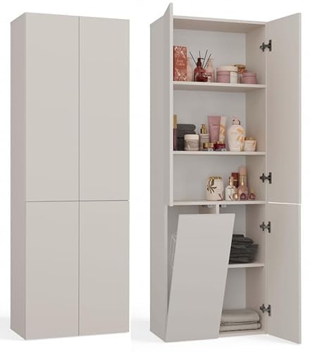 BDW Badezimmerschrank, Wäschekorb, 4 - Türen 174 x 60 x 30cm Unterschrank, Waschbeckenunterschrank, Hochschrank, Badmöbel, Bad-Hochschrank, Badregal (Kaschmir)