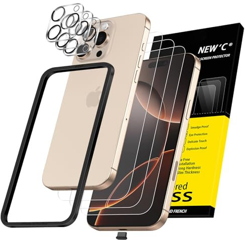 NEW'C 3x Protector Pantalla para iPhone 16 Pro Max (6,9 Pulgadas) y 3x Protector de Lente de Cámara - Cristal Templado + Tapón Antipolvo-Herramienta de instalación fácil incluida