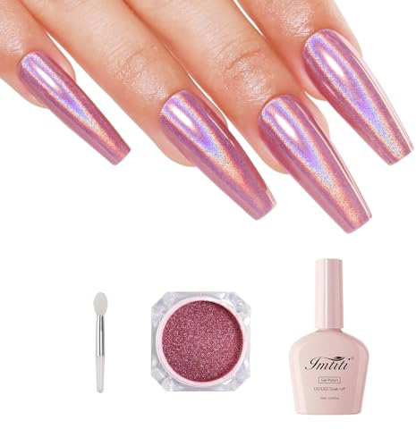 Imtiti Holographic Rose Gold Chrome Nail Powder Kit,1g Holo Iridescent Pink Meatllic Mirror Effect Powder with 10ml White Color Gel Polish Metal Nail UV DIY Kit