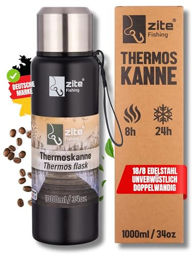 Zite Fishing Thermoskanne 1l Doppelwandig 1000ml | Thermosflasche 1l mit Becher | Hochwertiger 18/8 Edelstahl | Mit Tee-Sieb | Kaffeekanne, Teekanne, Isolierflasche für Angeln, Campen, Wandern & Mehr