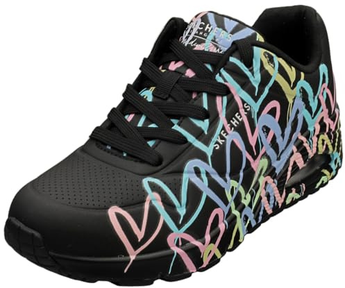 Skechers UNO Spread The Love Damen-Sneaker, Schwarz, Lila, Türkis, Durabuck, schwarzes Netzgewebe, 42 EU