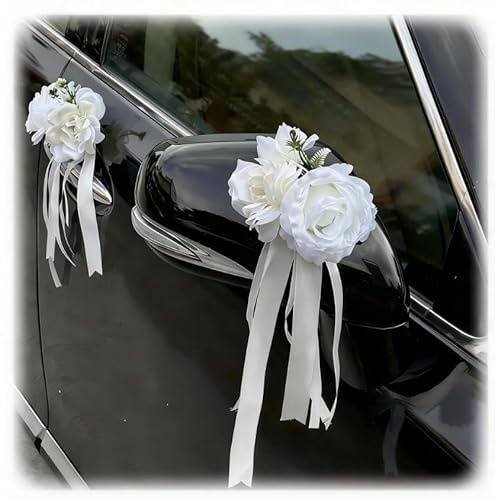 Autoschmuck Hochzeit 4er Set – Künstliche Rosen Türgriff Deko für Hochzeitsauto, Brautauto Außendeko mit Band, Autotürgriff Blumen