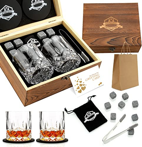 Juego de regalo de piedras de whisky, juego de 2 vasos de whisky, rocas de whisky de granito, juego de caja de bourbon escocés, regalos de cumpleaños para hombres, regalo de bebida para papá, él