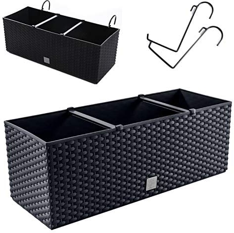 rg-vertrieb Blumenkasten Blumentopf Balkonkasten Geländerkasten Geländertopf 51cm Polyrattan Rattan-Optik Bewässerung mit Halterungen Aufhängung (Beige)