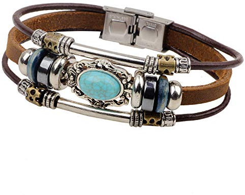Bracelet Tressé pour Femme,Vintage Corde Tressée Bracelet Marron en Cuir Multicouche Perlé Turquoise Bohême Tissé Bracelets pour Hommes Femmes Enfant Ami Bijoux Faits À La Main Cadeau