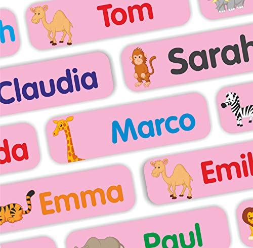 Indigos UG - Namensaufkleber Kinder Schule - 35–105 Sticker 35x10mm - Afrika rosa - Kindergarten - mit Wunschtext personalisierbar - wasserfeste Wäscheetiketten selbstklebend