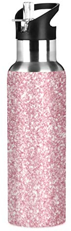 Xigua Bouteille d'eau rose brillante à paillettes - Bouteille isotherme à double paroi en acier inoxydable avec couvercle à paille - 567 g - Pour femme et homme - Pour le fitness, la course à pied,