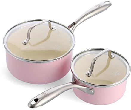GreenLife Artizan Healthy Ceramic Non-Stick 14cm/1l and 18 cm/2l Saucepan Pot Set with Lids, Stainless Steel Handle, Induction, PFAS-Free, Oven Safe, Pink