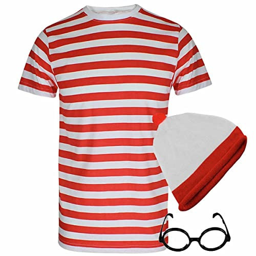 Kostüm-Set für Erwachsene und Kinder, gestreift, T-Shirt, Mütze, Socken, Brillen, Rot und Weiß, Herren T-Shirt Hut Brille Set, Mittel
