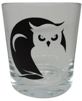 Lichtidee Teelicht Glas Windlicht Tischlicht Print mit Eule vor Mond schwarz Handmade Unikat Ostern Muttertaggeschenk, Höhe 8cm,