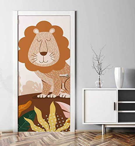 MyMaxxi - Tür bekleben mit Türtapete Türposter Türfolie Selbstklebend 90x200 Cartoon Löwe - Tür verschönern Türaufkleber Türposter Türklebefolie Zeichnung Kindergarten Katze weiß braun