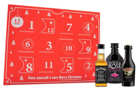 12 Alcohol Spirits of Christmas Advent Gift Set | Miniature Spirits Advent Calendar Featuring Rum, Vodka, Whisky, Gin & More