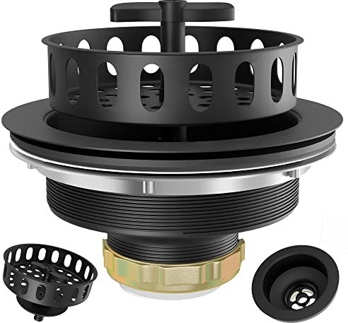 EXAKEY Black Sink Drain Strainer 3-1/2 Inch Kitchen Sink Drain Assembly Kit with Stainless Steel Strainer Basket and Drain Stopper for Standard Kitchen Sink Matte Black