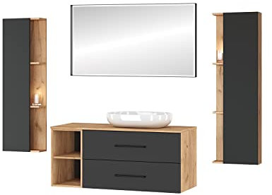 Planetmöbel Badmöbel Komplettset Badmöbel Komplettset 4-teilig 120cm mit Aufsatzwaschbecken und 2X Seitenschrank, in den Farben Gold Eiche/Anthrazit