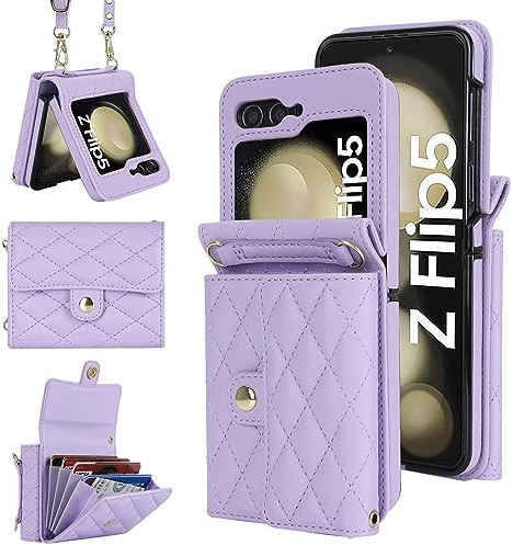 XIZYO Leder Crossbody Geldbörse Hülle für Samsung Galaxy Z Flip 5, Lila | Brieftasche Handyhülle, mit Verstellbarem Abnehmbarem Umhängegurt, mit Kartenhalter, Einfarbig Stoßfeste, für Frauen Mädchen