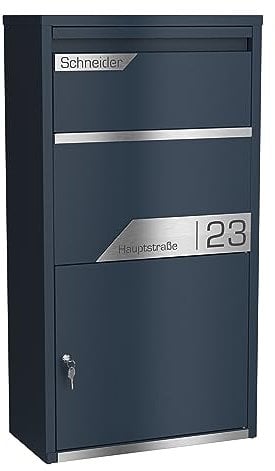 Graviers Design Paketbriefkasten personalisiert freistehend - pulverbeschichteter Stahl mit Edelstahl Namensschild Gravur - Briefkasten Rückholsperre Postbox für Pakete Briefe Paketbox Design 3